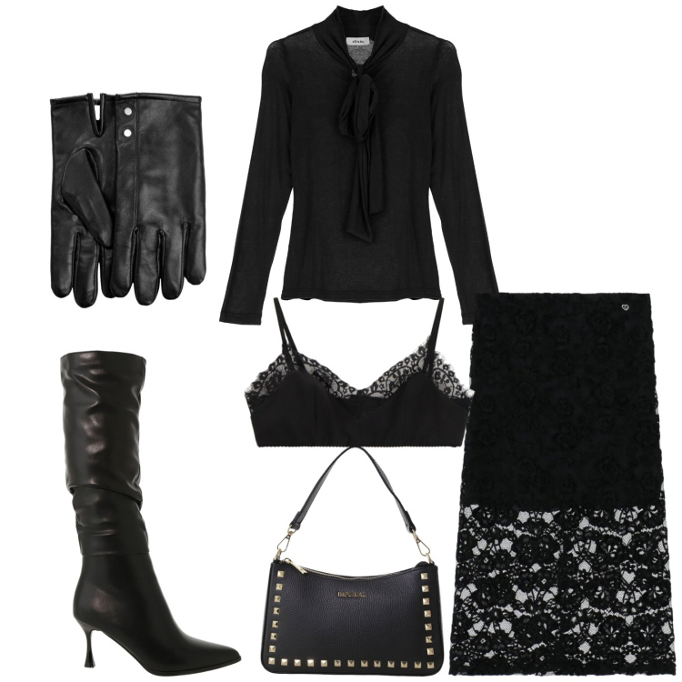 Outfit donna - Total look #2297537. Stile Sexy per Serata fuori. Abbinamento con guanti, gonne longuette, pochette, bralette, stivali sopra il ginocchio, top.