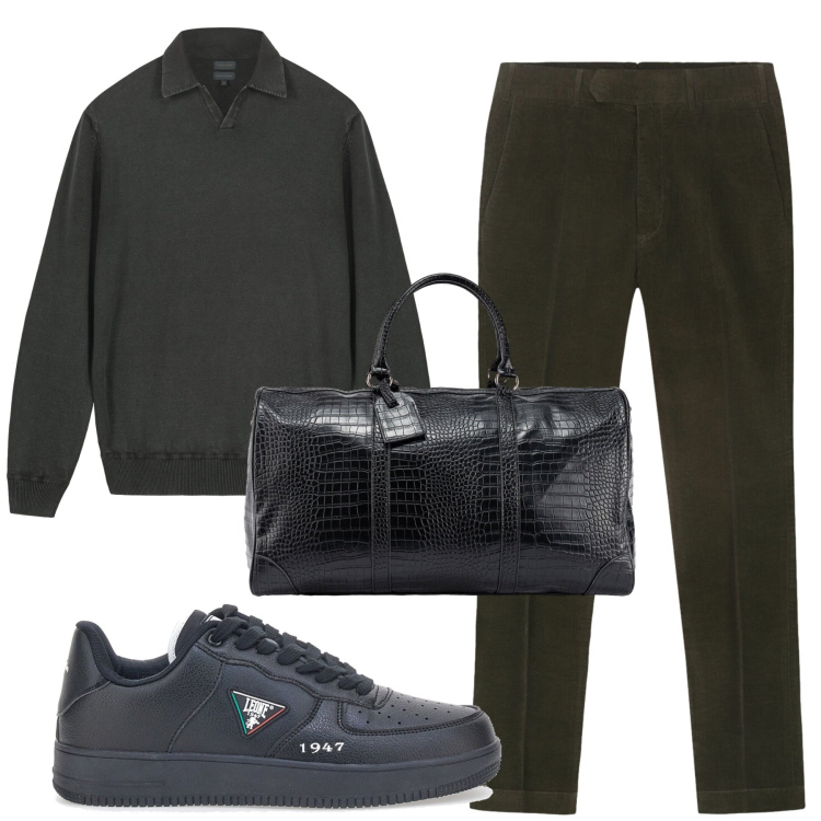 Outfit uomo - In viaggio. Stile Casual per Tutti i giorni. Abbinamento con pantaloni, borse sportive, maglieria, sneakers.
