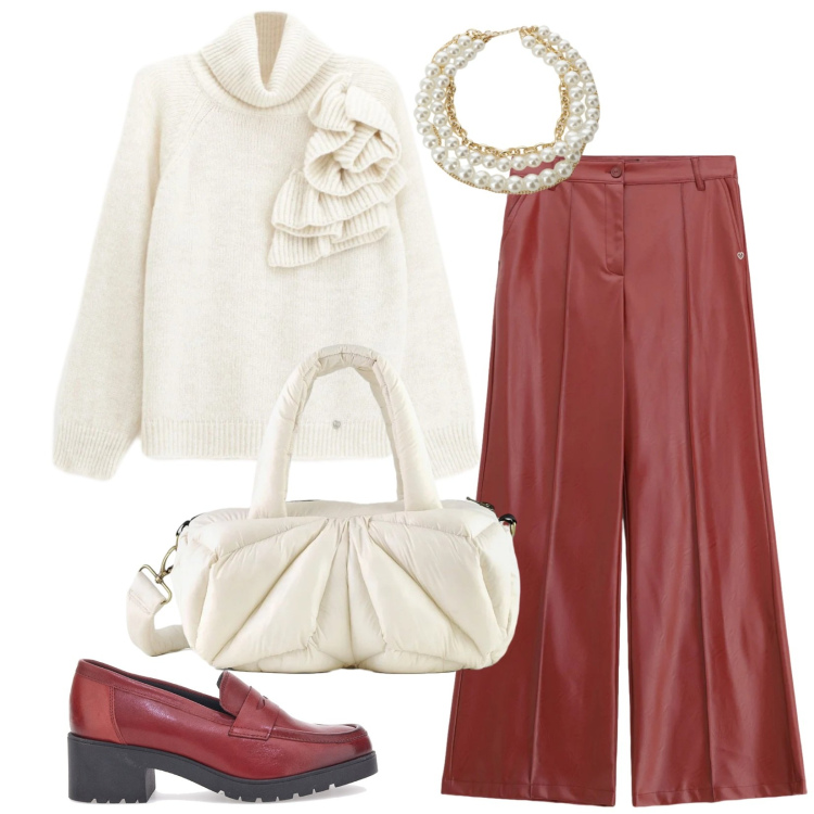 Outfit donna - Mini party davanti al camino. Stile Casual chic per Serata fuori. Abbinamento con maglieria, pantaloni, collane, borse a mano, mocassini.