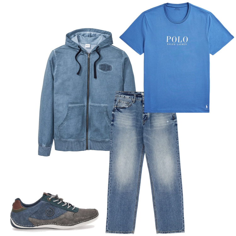 Outfit uomo - Total look #2297543. Stile Urban per Tutti i giorni. Abbinamento con felpe con cappuccio, jeans, t-shirt, scarpe stringate.
