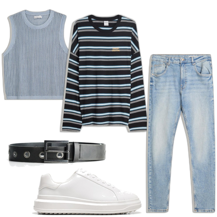 Outfit hombre - Urban look. Estilo Urban para Todos los días. Combinación con sneakers, vaqueros pitillo, chalecos, cinturones, camiseta.