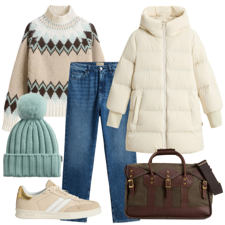 Outfit donna - Woolrich stile nordico. Stile Casual per Tutti i giorni. Abbinamento con maglieria, sneakers, borse a tracolla, piumini, berretti, jeans.