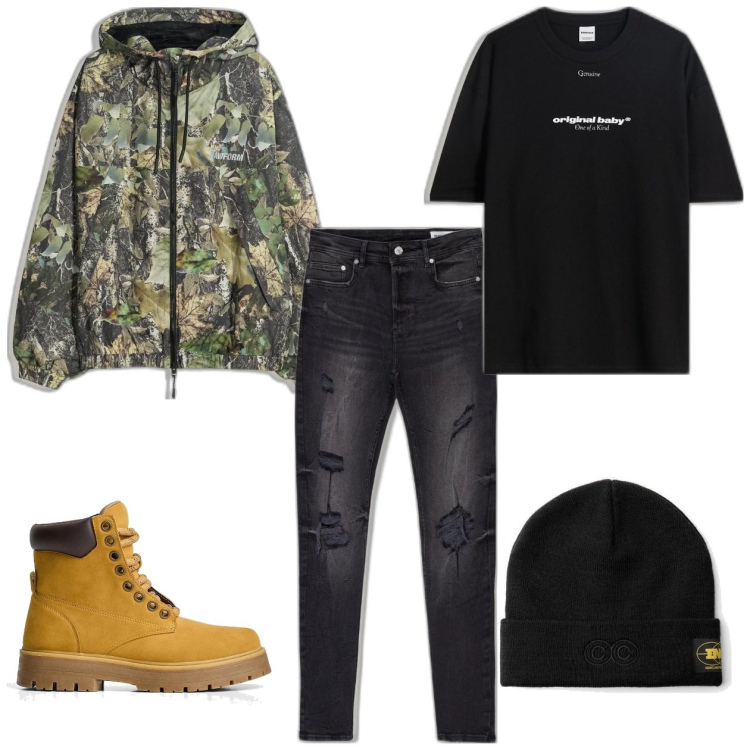 Outfit hombre - Casual #19463. Estilo Casual para Todos los días. Combinación con vaqueros rotos, gorros, chaquetas, camiseta, botas y botines.