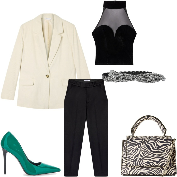 Outfit donna - Stiletto verde al party. Stile Glamour per Serata fuori. Abbinamento con pantaloni chino, borse a tracolla, blazer, top, cinture, décolleté.