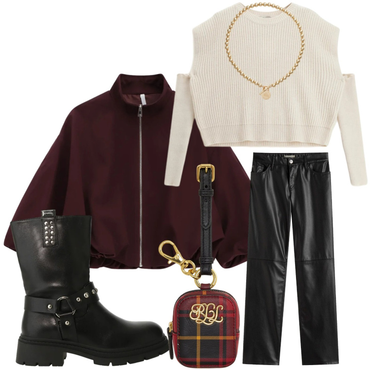 Outfit donna - Anfibi borchiati. Stile Glamour per Serata fuori. Abbinamento con pantaloni, bomber, stivali, maglieria, collane, pochette.