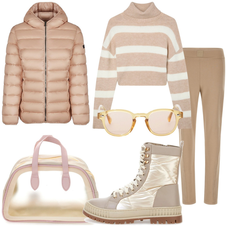 Outfit donna - Giornata fredda. Stile Glamour per Tutti i giorni. Abbinamento con maglieria, occhiali da sole, pantaloni, piumini, stivaletti, valigie.