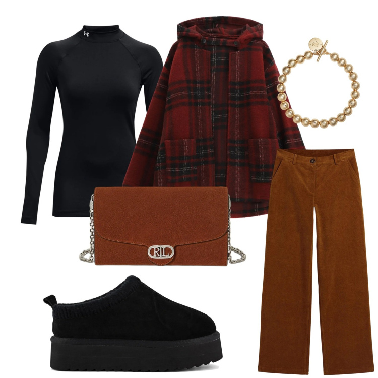 Outfit donna - Quadri invernali. Stile Glamour per Tutti i giorni. Abbinamento con pantaloni, caban, braccialetti, borse a tracolla, sabot, pullovers.