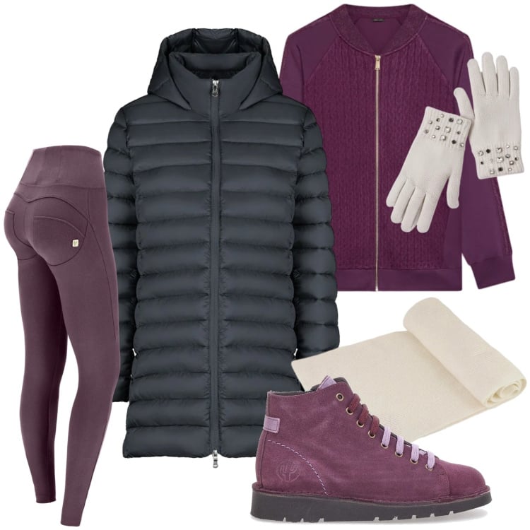 Outfit donna - Purple day. Stile Casual per Tutti i giorni. Abbinamento con guanti, pantaloni skinny, piumini, sciarpe, scarpe stringate, felpe.