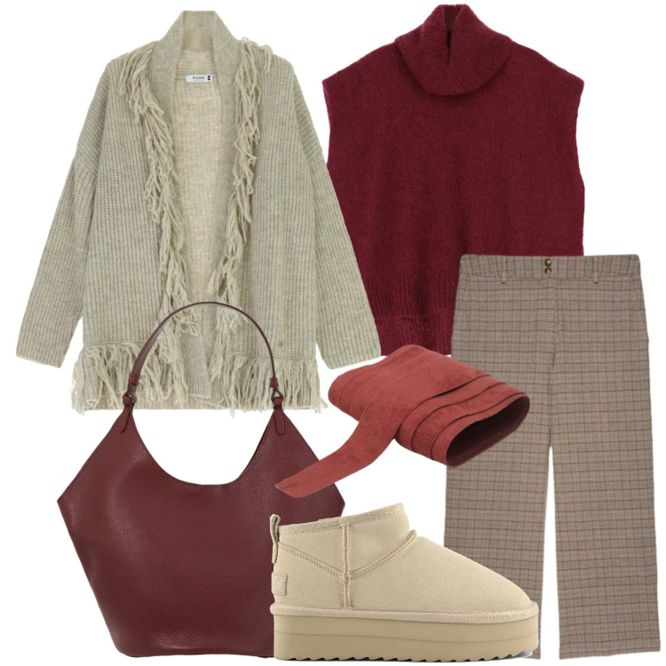 Outfit donna - Il cardigan con frange. Stile Glamour per Tutti i giorni. Abbinamento con cardigans, cinture, maglieria, borse a spalla, pantaloni, stivaletti.