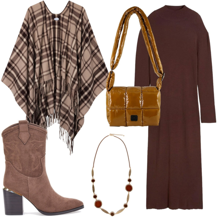Outfit donna - Il poncho passpartout. Stile Glamour per Tutti i giorni. Abbinamento con vestiti lunghi, cappotti, borse a spalla, stivaletti texani, collane.