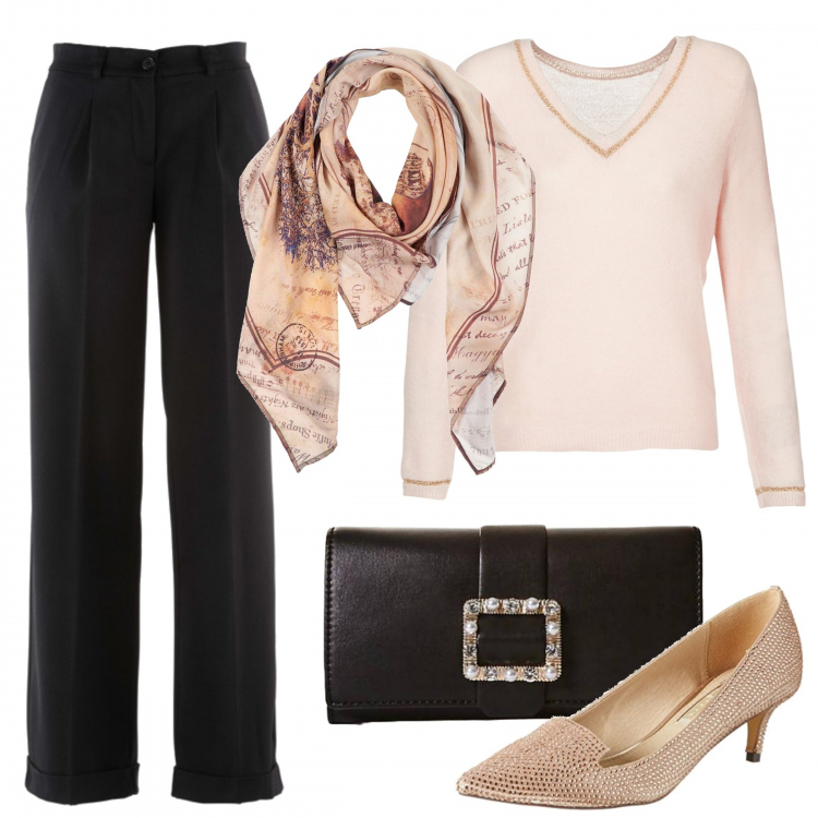 Outfit donna - La nude luccicosa. Stile Chic per Serata fuori. Abbinamento con pantaloni, stola fantasia multicolore in seta, maglione rosa, scarpe col tacco con cinturino effetto satinato beige, pochette con perle e fibbia in ecopelle con tracolla removibile.