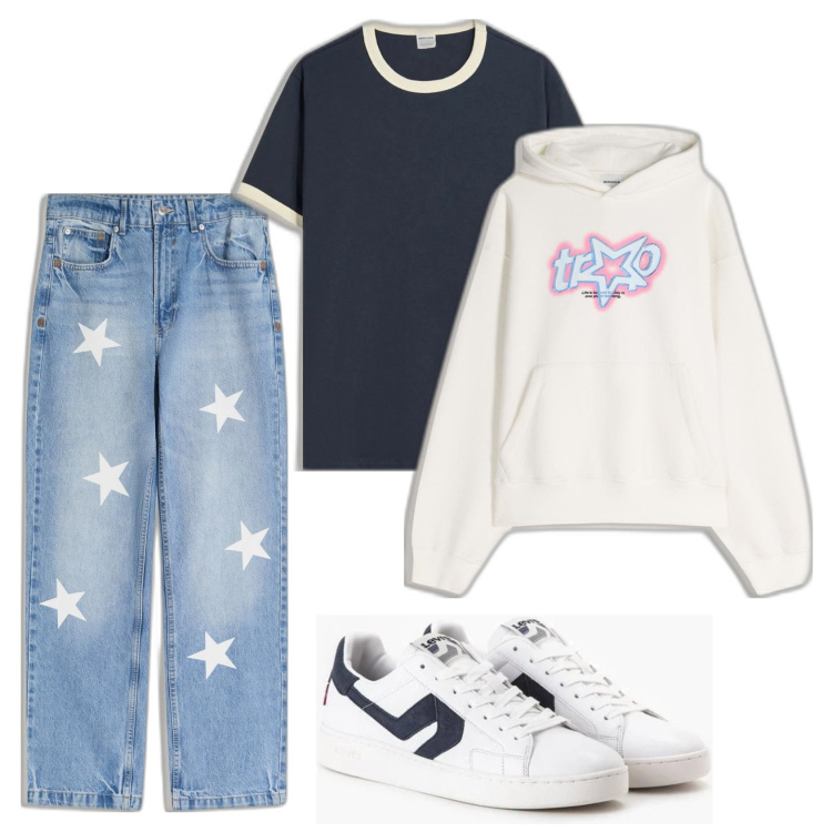 Outfit hombre - Casual look. Estilo Casual para Todos los días. Combinación con camiseta, sneakers, vaqueros rectos, sudaderas con capucha.