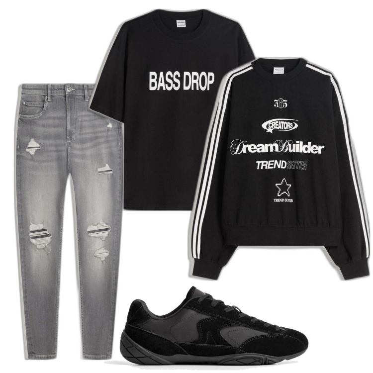 Outfit hombre - Casual look. Estilo Casual para Todos los días. Combinación con vaqueros rotos, sneakers, sudaderas, camiseta.