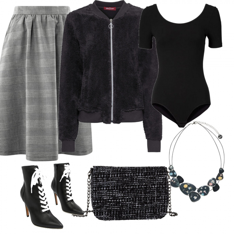 Outfit donna - Bon Ton #987. Stile Bon Ton per Ufficio. Abbinamento con body, giacca in pile, borsa a tracolla tweed nero, gonna forma svasata con stampa vita alta con tasche bianco, collana, stivaletti con stringhe.