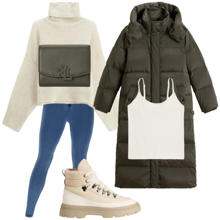 Outfit donna - Freddo non ti temo. Stile Casual per Tutti i giorni. Abbinamento con maglieria, jeggings, canottiere, portafogli, parka, anfibi.