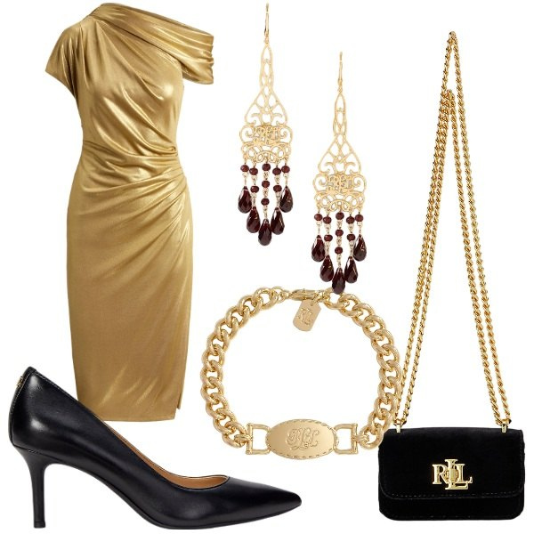 Outfit donna - per dei regali speciali. Stile Chic per Serata fuori. Abbinamento con braccialetti, décolleté, orecchini, pochette, vestiti a tubino.