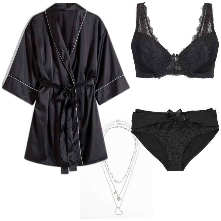 Outfit femme - Soirée sexy. Style Sexy pour Soirée dehors. Assortir avec legging, colliers, kimono, soutiens-gorge, jupes-culotte, mules.