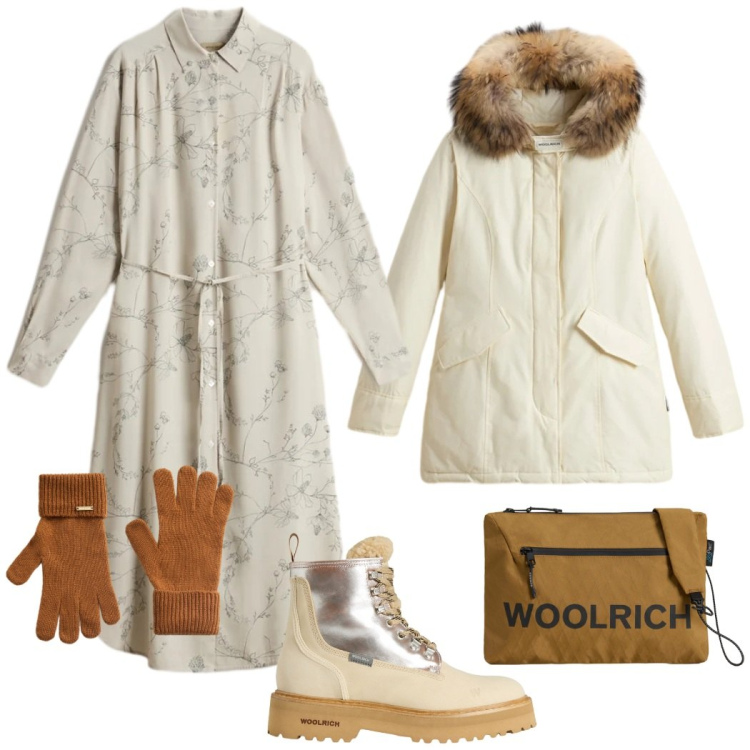 Outfit donna - Freddo non ti temo. Stile Casual chic per Tutti i giorni. Abbinamento con borse a tracolla, guanti, vestiti lunghi, anfibi, parka.
