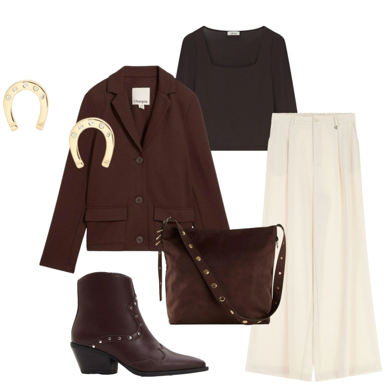 Outfit donna - Total look #2297611. Stile Casual chic per Tutti i giorni. Abbinamento con stivaletti texani, shopping bag, blazer, pantaloni a palazzo, top, orecchini.