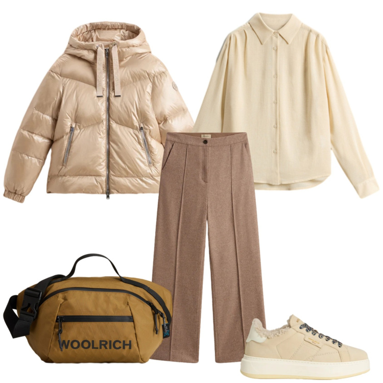 Outfit donna - Total look #2297616. Stile Minimal per Tutti i giorni. Abbinamento con piumini, sneakers, pantaloni, borse a tracolla, camicie.