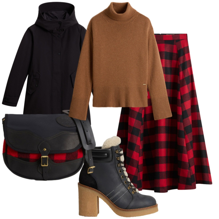 Outfit donna - Total look #2297621. Stile Casual chic per Ufficio. Abbinamento con gonne lunghe, borse a tracolla, stivaletti, maglieria, parka.