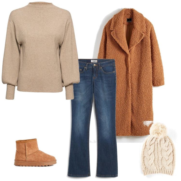 Outfit femme - Casual au chaud. Style Casual pour Tous les jours. Assortir avec pulls, manteaux, jean bootcut, bonnets, bottines.