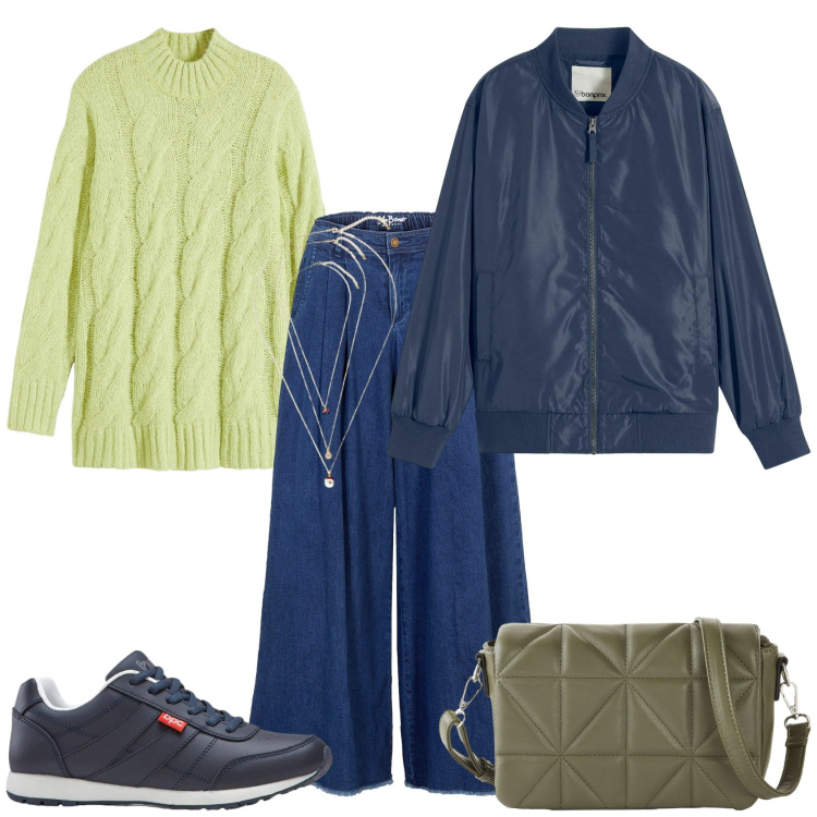 Outfit donna - Total look #2297636. Stile Minimal per Ufficio. Abbinamento con gonne, maglieria, sneakers, bomber, borse a tracolla, collane.