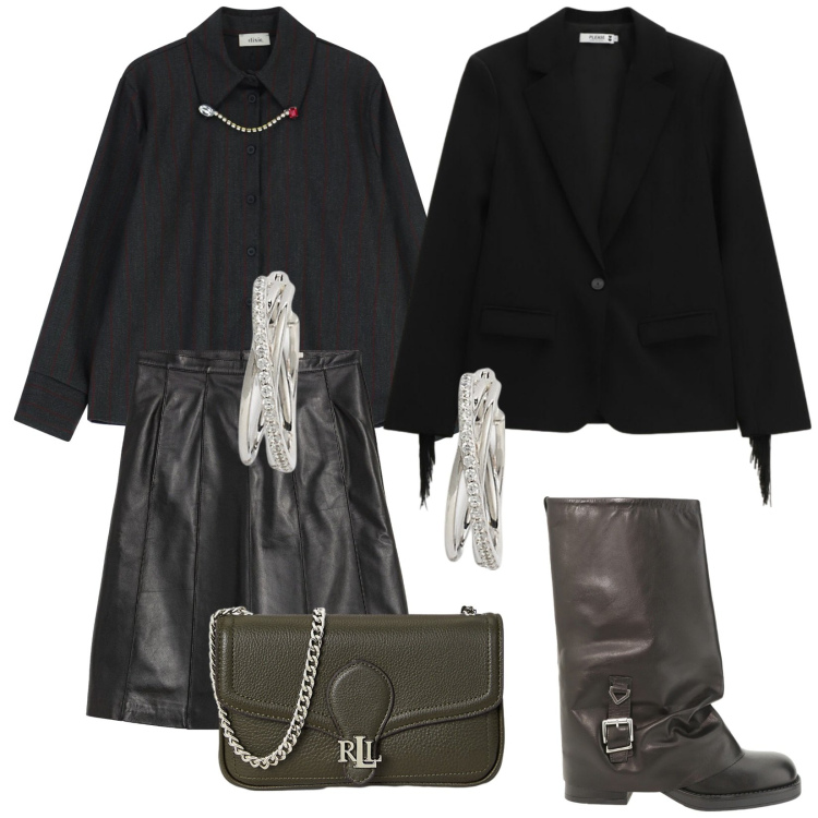 Outfit donna - Dicembre per le feste. Stile Glamour per Serata fuori. Abbinamento con gonne, blazer, camicie, stivali, orecchini, clutch.