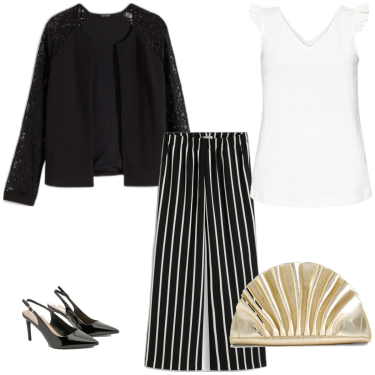 Outfit femme - Soirée. Style Casual chic pour Soirée dehors. Assortir avec hauts, blazers, pantalon , pochette, chaussures à talon.