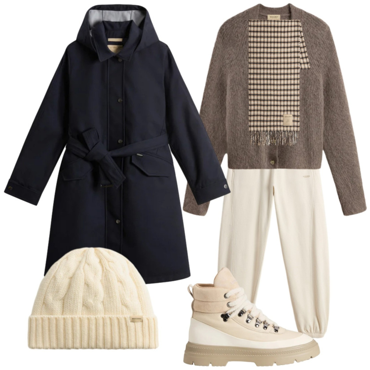 Outfit donna - Woolrich casual and style. Stile Casual per Tutti i giorni. Abbinamento con berretti, cardigans, sciarpe, pantaloni, trench, anfibi.