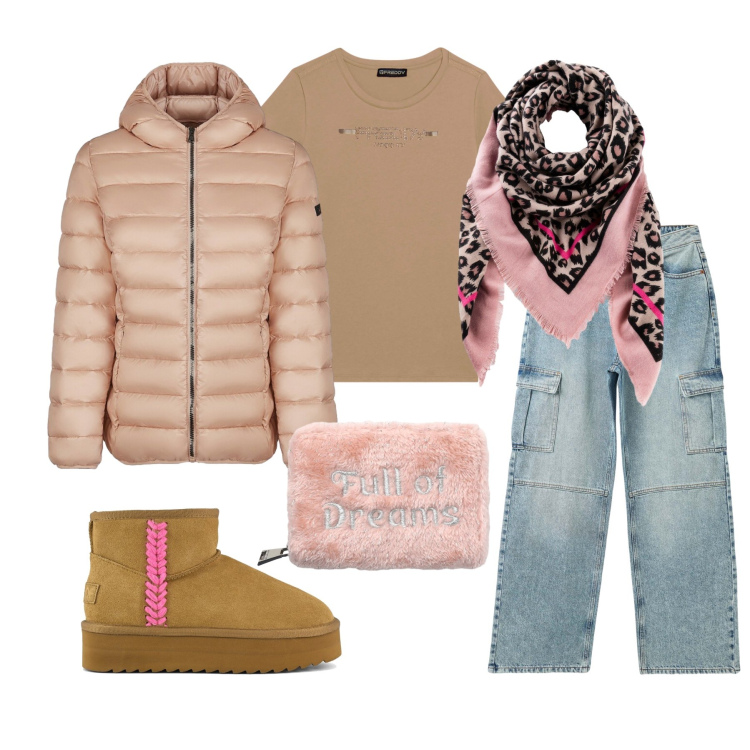 Outfit donna - Total look #2297690. Stile Casual per Tutti i giorni. Abbinamento con foulard, jeans, portafogli, t-shirt, piumini, stivaletti.