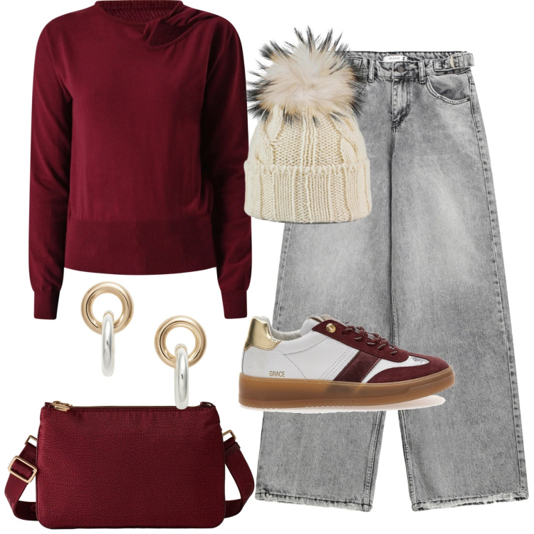 Outfit donna - In città. Stile Sporty chic per Tutti i giorni. Abbinamento con jeans, maglieria, borse a tracolla, orecchini, berretti, sneakers.
