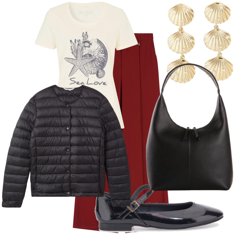 Outfit donna - Vivo al mare per un po’. Stile Trendy per Tutti i giorni. Abbinamento con t-shirt, shopping bag, orecchini, piumini, pantaloni a palazzo, ballerine.