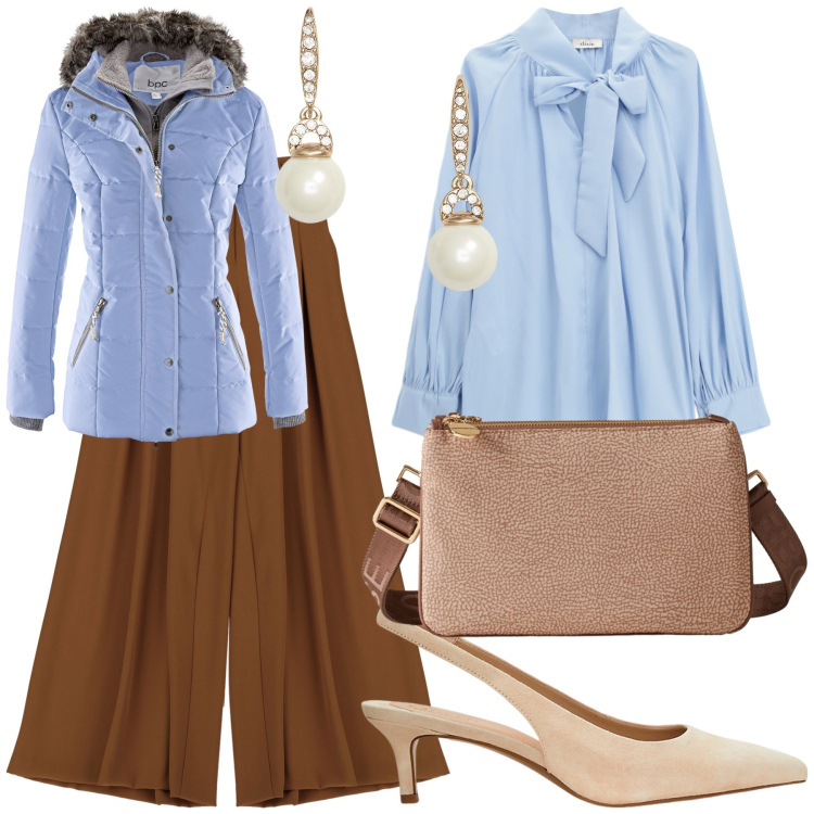 Outfit donna - A cena dí anniversario. Stile Romantica per Serata fuori. Abbinamento con piumini, pantaloni a palazzo, borse a tracolla, bluse, décolleté, orecchini.