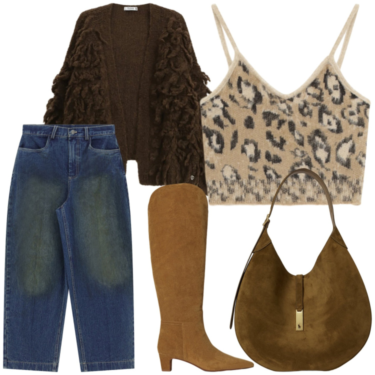 Outfit donna - Pomeriggio trendy. Stile Trendy per Tutti i giorni. Abbinamento con cardigans, top, jeans, borse a spalla, stivali.