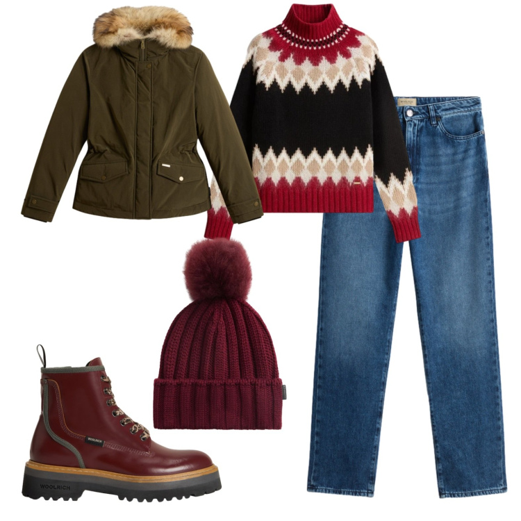 Outfit donna - Woolrich scalda il Natale. Stile Casual per Tutti i giorni. Abbinamento con maglieria, anfibi, berretti, blazer, jeans.
