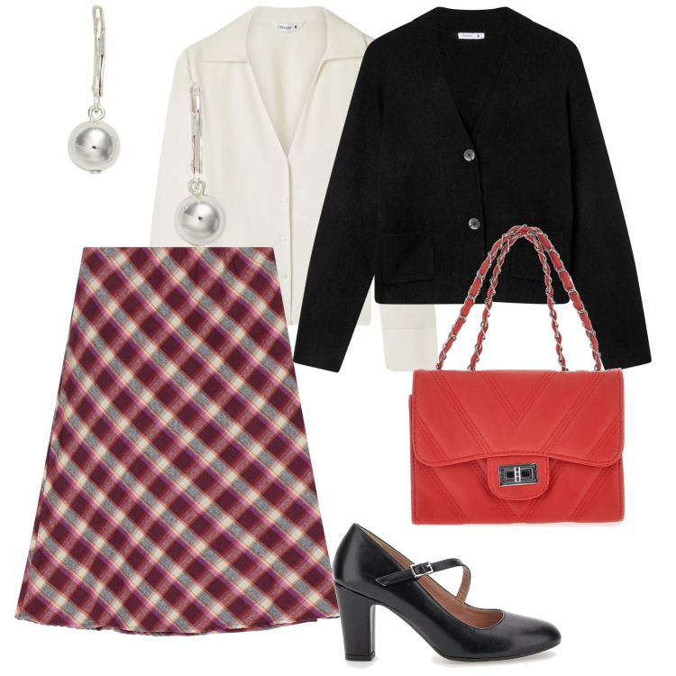 Outfit donna - Feste di Natale. per Tutti i giorni. Abbinamento con cardigans, camicie, gonne, orecchini, décolleté, borse a tracolla.