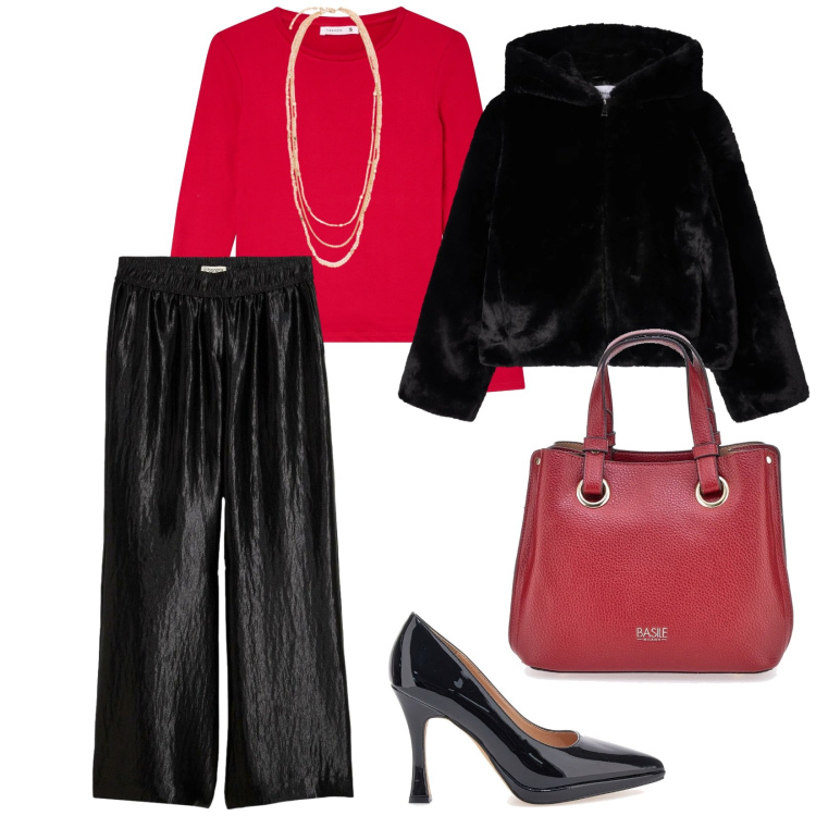 Outfit donna - È festa. per Tutti i giorni. Abbinamento con pantaloni a palazzo, ecopellicce, t-shirt, décolleté, borse a mano, collane.