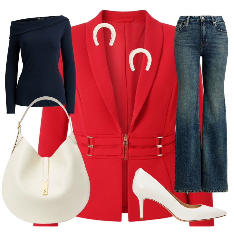 Outfit donna - Un tocco di rosso.... Stile Casual chic per Ufficio. Abbinamento con blazer, orecchini, top, décolleté, borse a spalla, jeans.