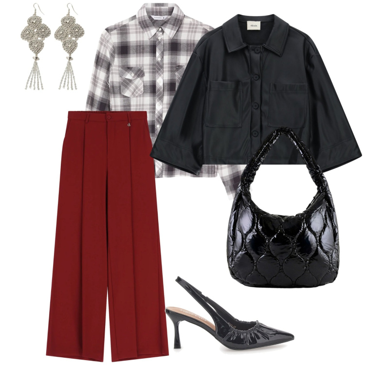 Outfit donna - Outfit per le feste. per Tutti i giorni. Abbinamento con camicie, pantaloni a palazzo, blazer, orecchini, borse tote, décolleté.