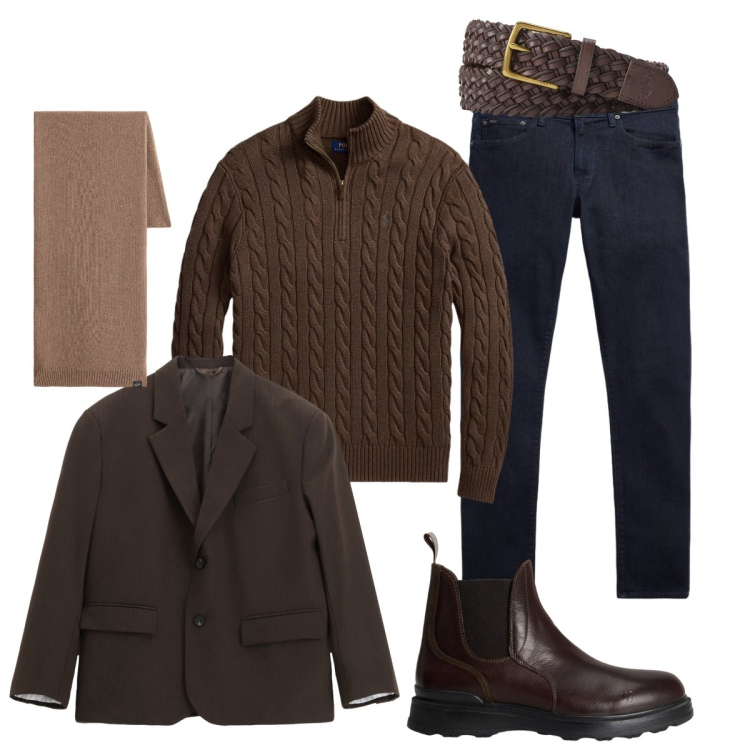 Outfit uomo - In città per negozi. Stile Trendy per Tutti i giorni. Abbinamento con giacche, jeans, cinture, maglieria, stivali e stivaletti, sciarpe.