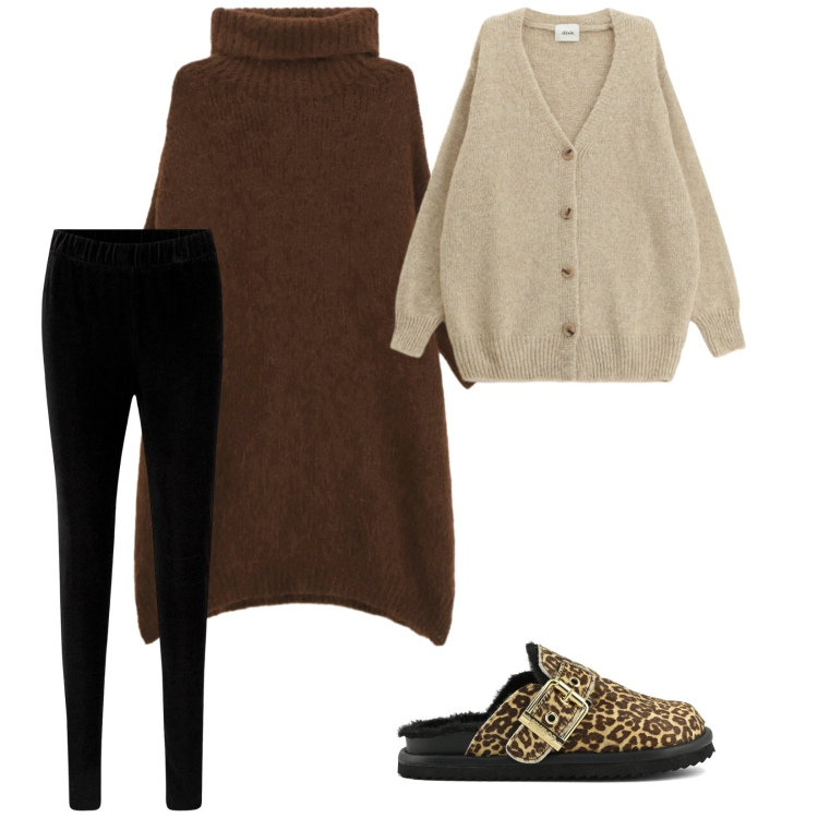 Outfit donna - Relax. per Tutti i giorni. Abbinamento con leggings, maglieria, cardigans, sabot.
