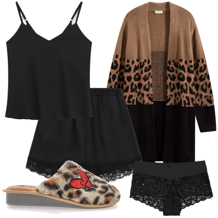 Outfit donna - Sauvage at home. Stile Glamour per Tutti i giorni. Abbinamento con cardigans, culotte, top, shorts, pantofole.