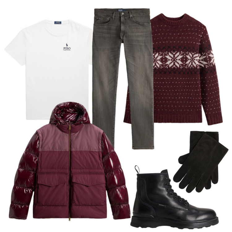 Outfit uomo - Il maglione delle Feste. Stile Urban per Tutti i giorni. Abbinamento con t-shirt, jeans, guanti, anfibi, piumini, maglieria.