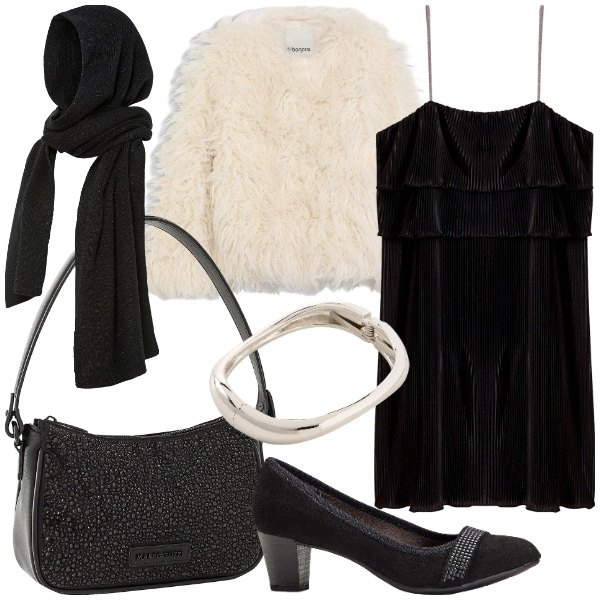 Outfit donna - bonprix PARTY BLACK ROMANCE. Stile Chic per Serata fuori. Abbinamento con ecopellicce, décolleté, sciarpe, braccialetti, borse a mano, vestiti.