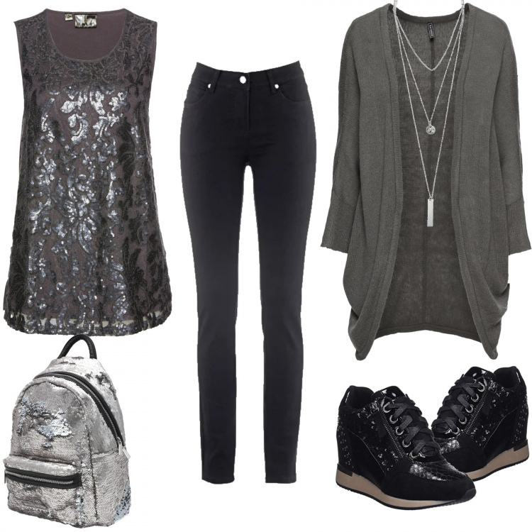Outfit donna - Serata casual!!. per Serata fuori. Abbinamento con jeans slim fit, top con pizzo e paillettes grigio, maglieria, collana, borsa, pantofole.