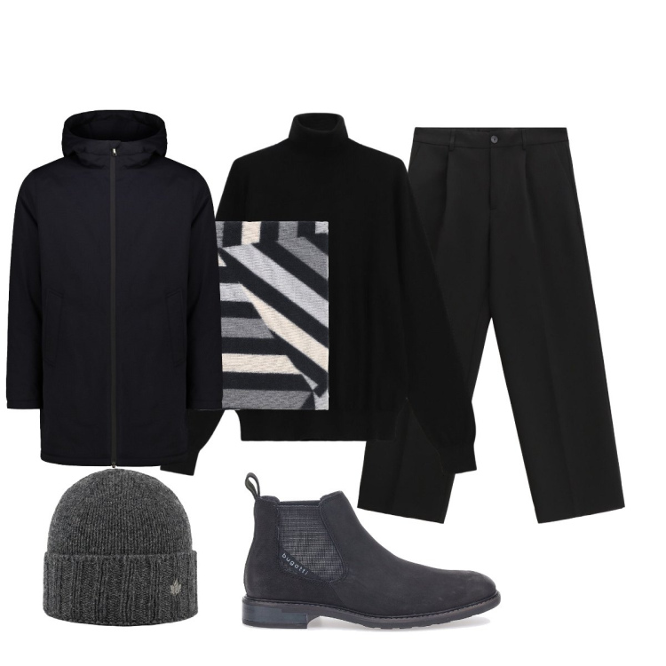 Outfit uomo - Black essenziale. Stile Trendy per Tutti i giorni. Abbinamento con pantaloni, sciarpe, maglieria, cappelli, stivali e stivaletti, parka.