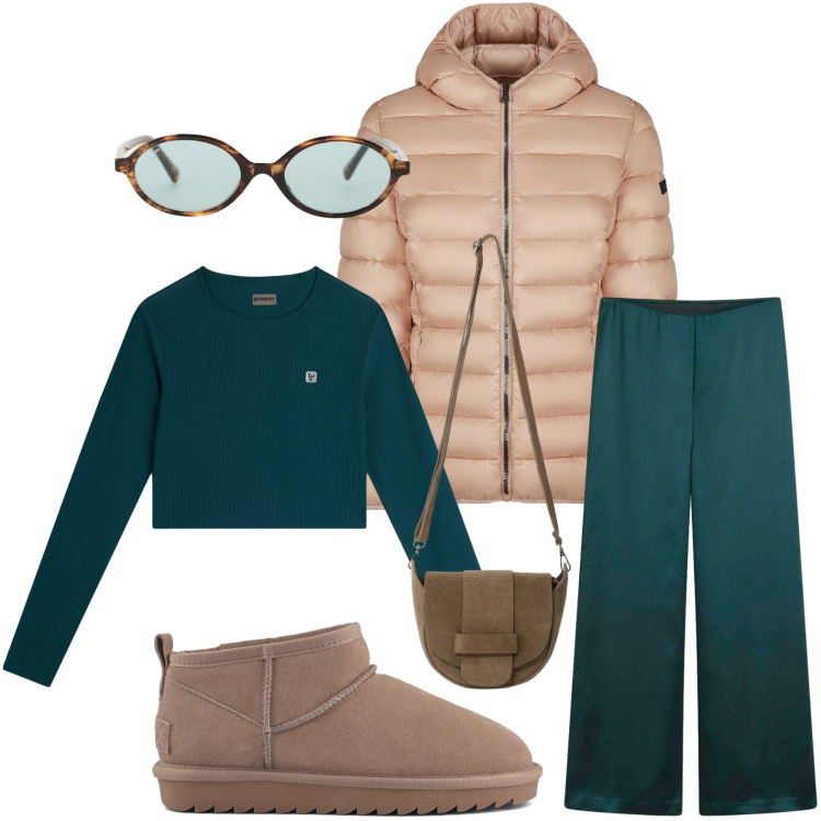 Outfit donna - Look comodo. Stile Urban per Tutti i giorni. Abbinamento con pantaloni a palazzo, occhiali da sole, maglieria, borse a tracolla, piumini, stivali.