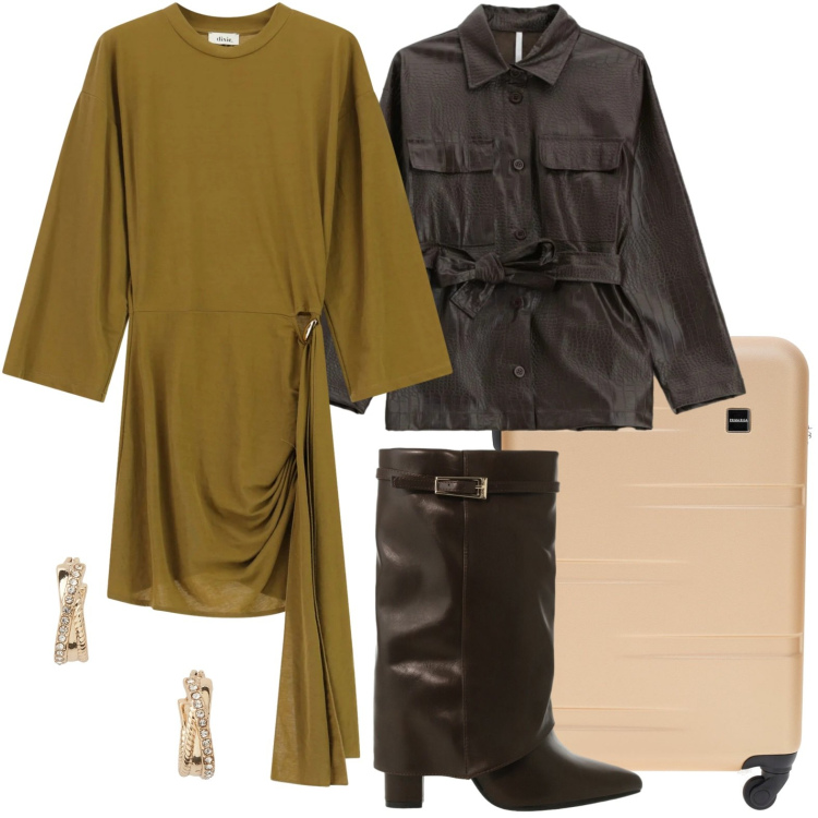 Outfit donna - Weekend luxury. Stile Trendy per Tutti i giorni. Abbinamento con stivali, cappotti, vestiti corti, orecchini, valigie.