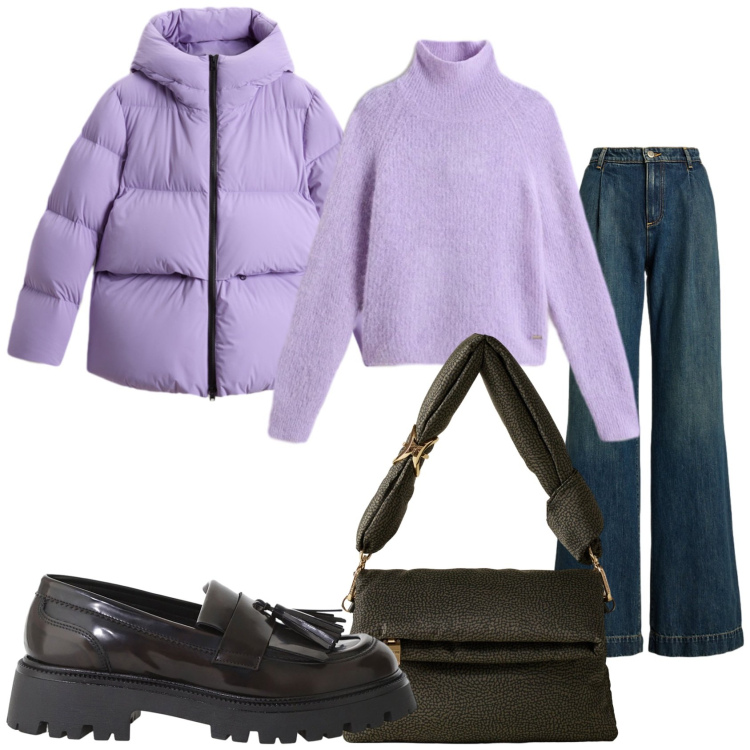 Outfit donna - La giornata in città. Stile Casual per Tutti i giorni. Abbinamento con borse a tracolla, mocassini, jeans, piumini, maglieria.